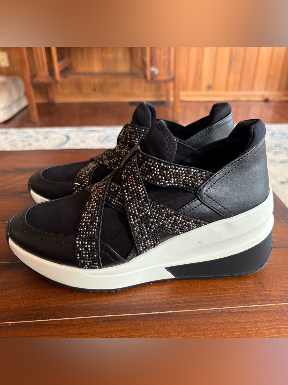 Black 3” Platform Slip-On Sneakers with Embellished Straps, Sz 6-6.5, bling